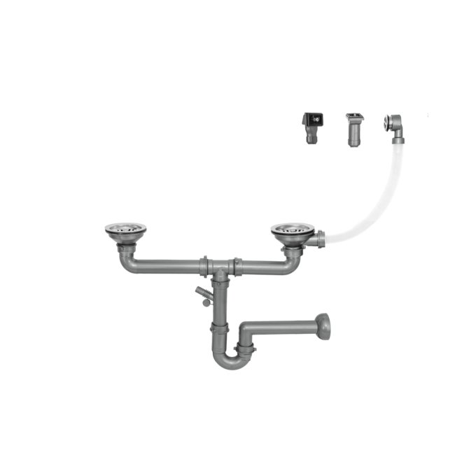 Universal siphon for steel or granite inset sinks 1,5/2 bowls, 3,5", bowl or drainer overflow, manual